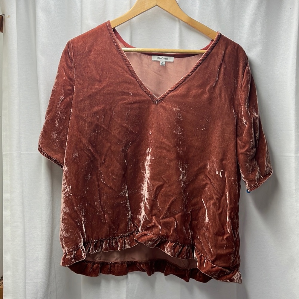 Madewell Rust Crushed Velvet Flutter Sleeve V Neck Blouse- XL